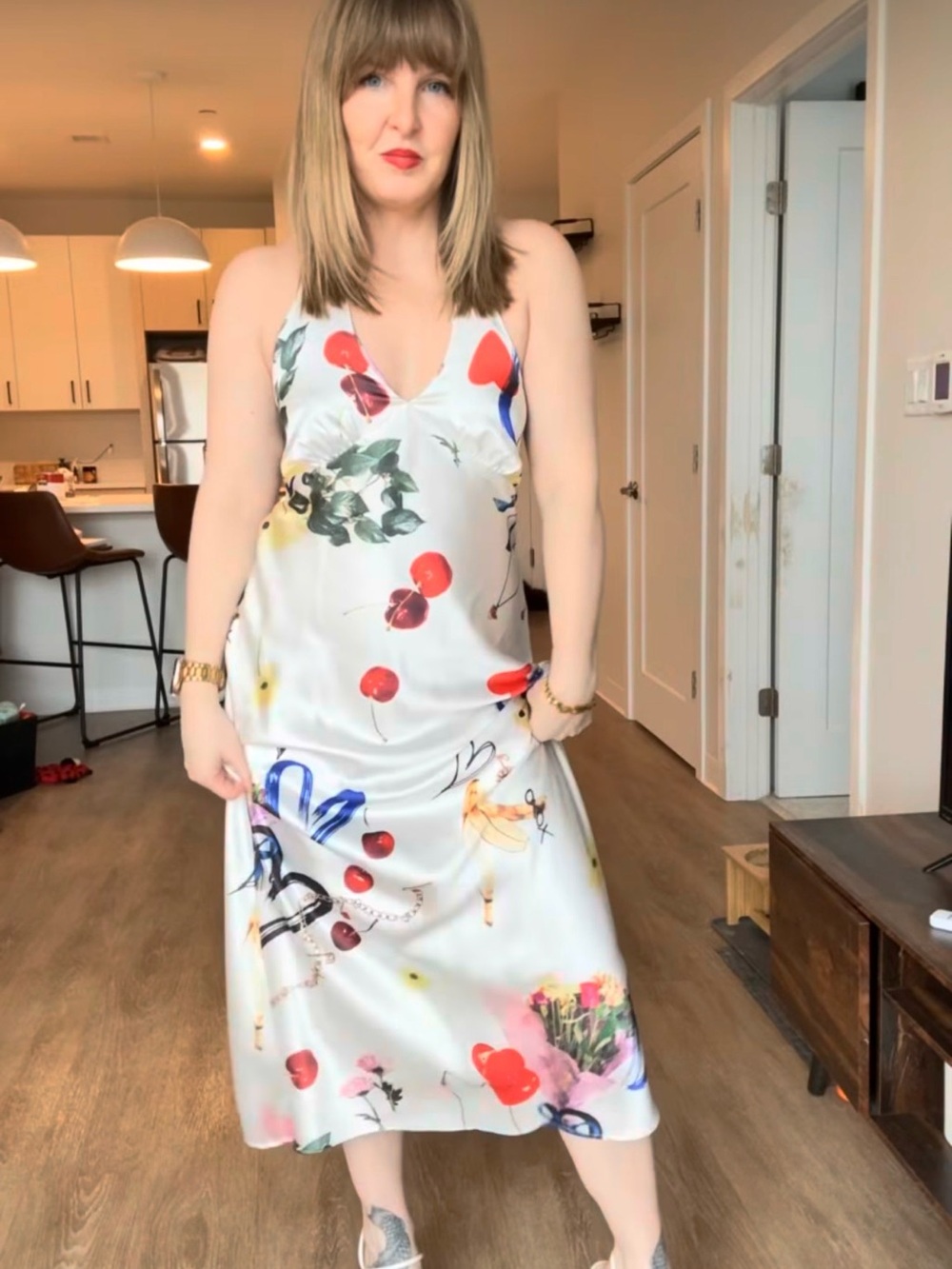 Fun Urban Outfitters Floral & Cherry Print Halter Satin Slip Dress